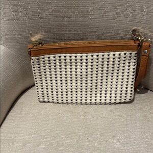 Stylish Tan and White Woven Clutch